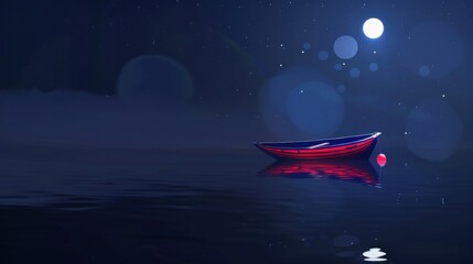 Silhouetted Small Boat on Rippled Water Surface Under Starry Night Sky, with Circular Light Aperture, Soft Reflection & Subtle Light and Shadow Against Deep Dark Color Background