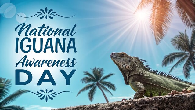 Tropical illustration of iguana lounging under leafy branches.