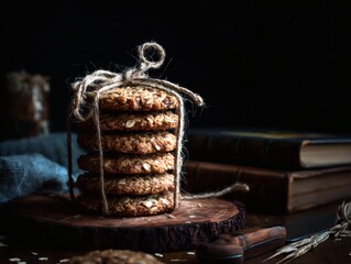 Close-up of stacked oatmeal raisin cookies tied with rustic twine.