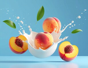 Peach with milk splash on blue background