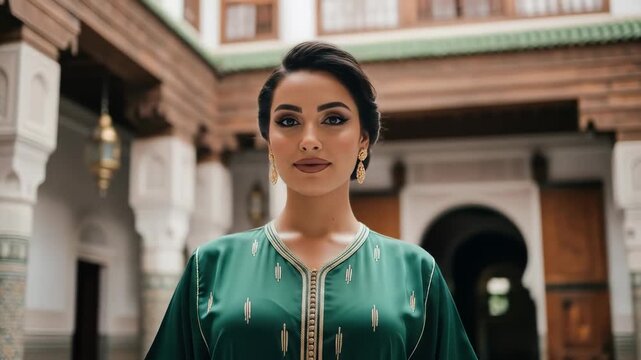 Elegant moroccan woman in a traditional green kaftan in a beautiful riad courtyard
