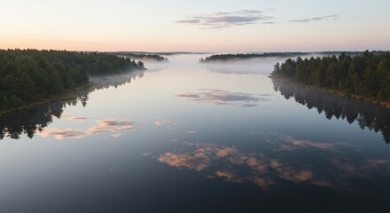 Fototapeta premium Serene Morning Reflection Over Tranquil Lake Surrounded by Forest