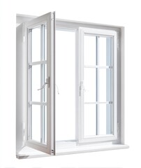 Obraz premium An open, white frame window with multiple panes sits in a white wall against a bright background. One side of the window is ajar, inviting natural light
