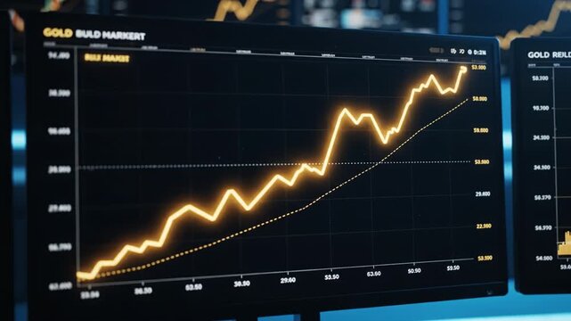 Gold bull market price chart financial graph investment trading upward trend glowing line economic growth analysis with multiple monitors displaying market data, dynamic investment analysis