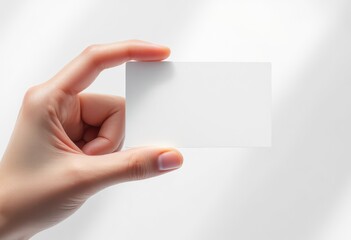 Fototapeta premium A woman's hand holds a blank white business card against a simple white background.