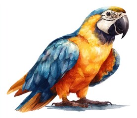 Watercolor-style drawing of a vibrant macaw, displaying blue wings and a golden breast, perched with its head cocked slightly