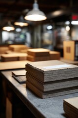 Stacked cardboard sheets in a dimly lit industrial setting.