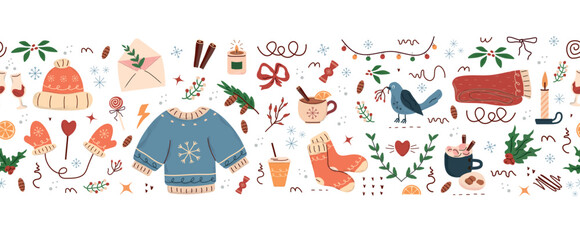 seamless pattern, cute illustration.  tree, stars, dot, snow, simple  design. hand drawn doodles are isolated on a white background. A trend concept for print, banner, social networks, poster. vector