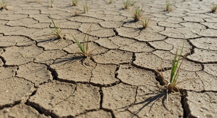 Obraz premium Resilient Grass Growth in Dry Soil with Cracks and Texture Details