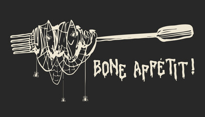 Halloween Pasta illustration with spiders and hanging spider web, Hand-drawn halloween food illustration for menus and Halloween dinner party invitations