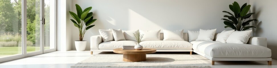 Bright living room with white sofa and large windows, coffee table, plant