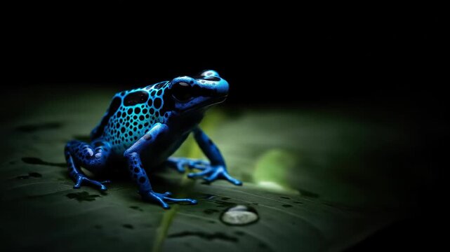 Blue poison dart frog sitting on a leaf next to a water droplet in a dark tropical rainforest
