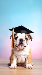 Adorable bulldog puppy wearing graduation cap