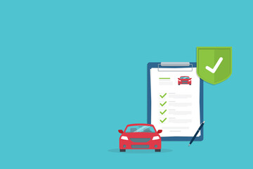 Car insurance document, report. Paper agreement checklist or loan checkmarks form list approved with automobile icon, vehicle financial, car dealership legal deal.