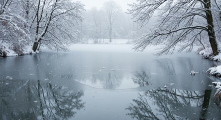 Tranquil Winter Landscape with Snow-Covered Trees and Frozen Pond