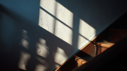 Window shadow falling on staircase in sunlight