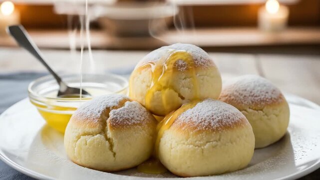 Steaming hot pampuchy yeast dumplings with powdered sugar and melted butter on a plate