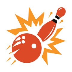 Bowling ball hitting pin with an orange starburst isolated on white background vector illustration