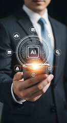 Close-up of businessman holding smartphone with glowing AI interface overlay.