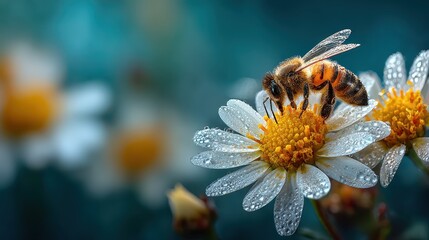 Honeybee collecting pollen on daisy flower covered with dewdrops at sunrise in a summer meadow garden environment