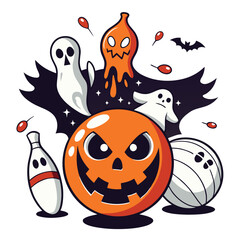 Halloween bowling party with pumpkin bowling ball, bowling pin, ghost and bat isolated on white background