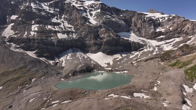 breathtaking alpine lake with turquoise water surrounded by snow patches and rugged peaks in uri switzerland