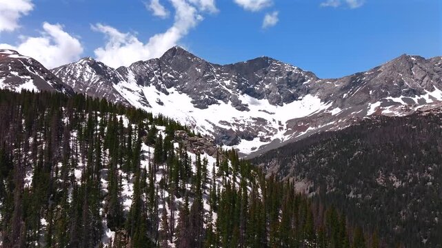 Blanca Peak mount Lindsey Sangre de Cristo Range aerial drone Colorado Rocky Mountains sunny spring summer snow fields blue skies clouds morning San Isabel National Forest Lily Lake trail forward up