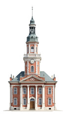 Fototapeta premium Historic Red Brick Town Hall with a Charming Clock Tower and Columns