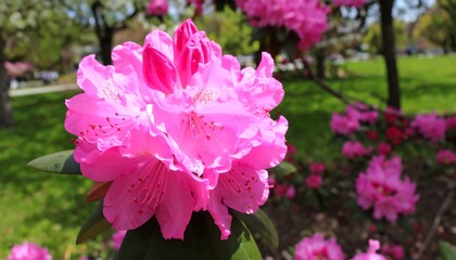 Vibrant pink rhododendron cluster in spring garden