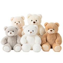 A collection of colorful and cuddly teddy bears sitting together on a black backdrop.