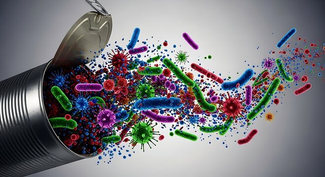 A dynamic release of colorful microorganisms from an open container, illustrating the fascinating world of bacteria, viruses, and the science of health and disease - Powered by Adobe