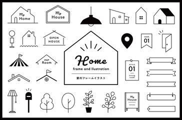 家のフレームとイラストのセット　住宅　住まい　暮らし　ライフスタイル　リボン　飾り　装飾