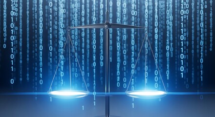 Digital Justice and Cyber Law Balancing Fairness in the Age of Information Technology, Represented by Glowing Scales and Streaming Binary Code