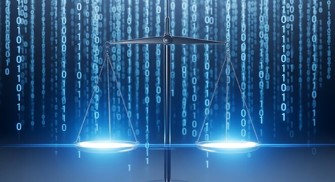 Digital Justice and Cyber Law Balancing Fairness in the Age of Information Technology, Represented by Glowing Scales and Streaming Binary Code - Powered by Adobe