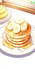 Whimsical illustration of pancakes stacked high, topped with banana slices and syrup, beside a plate of bananas, bathed in soft, window light