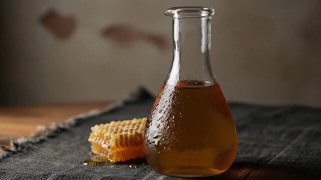 Traditional ethiopian tej honey wine in a glass flask with a piece of fresh honeycomb