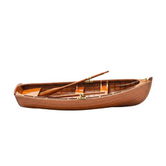 Wooden rowboat with oar, side view, isolated on white.