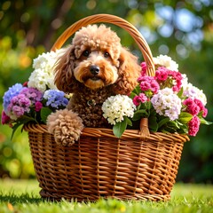Adorable poodle in a floral basket