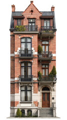 Photorealistic classic brick townhouse building with elegant balconies isolated on black.