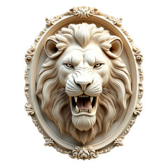 Ornate oval relief sculpture of a fierce roaring lion head