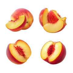 Four vibrant peach slices, showcasing juicy interior.  Close-up, isolated against black background.  Different slices highlight peach flesh, showing red blush and golden interior. 