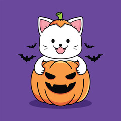 Cute white cat with pumpkin and bats, Halloween cartoon illustration