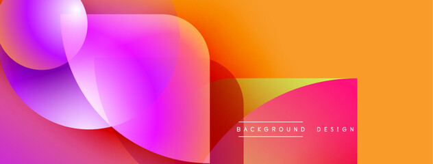 Abstract vibrant design features overlapping colorful shapes. Gradient hues transition from purple to orange, creating dynamic visual effect. Text reads background design.