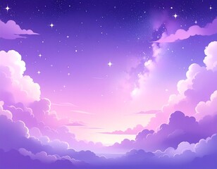 Celestial dreamscape with glowing pastel clouds under a starry purple sky