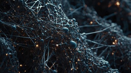 A complex network of interconnected nodes and lines with glowing particles in a dark abstract space