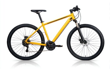Fototapeta premium A yellow mountain bike with black tires, seat, and handlebars, isolated on a white background, showcasing its frame and components