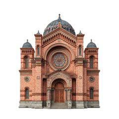Historic Red Brick Synagogue with Large Central Dome and Rose Window