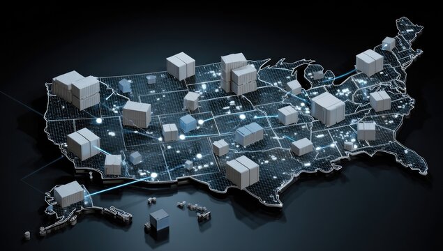 USA map with interconnected shipping boxes