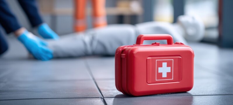 The first aid kit positioned beside a simulated medical emergency training scenario.
