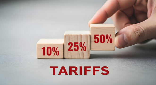 Close-up of wooden blocks showing 10%, 25%, and 50% over a “TARIFFS” labeled surface